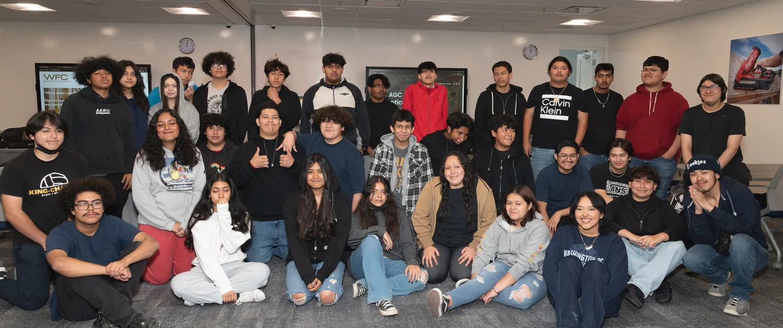 A large group of students gathered together at the close of a career exploration day